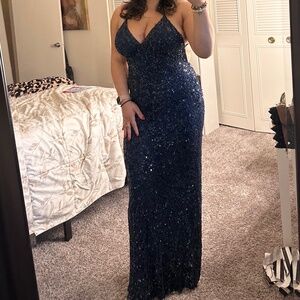 blue beaded prom dress
